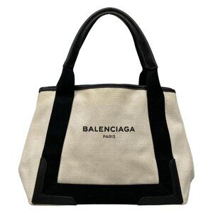Auth BALENCIAGA Navy Cabas S Cream Black Canvas Leather Tote Bag